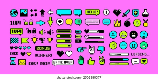 8-bit Game pixel icons set in 80s - 90s style. Perfect pixel icons of game props, download bar, office icons, gestures and cursors. Retro Game loot and awards pixel art. Editable vector