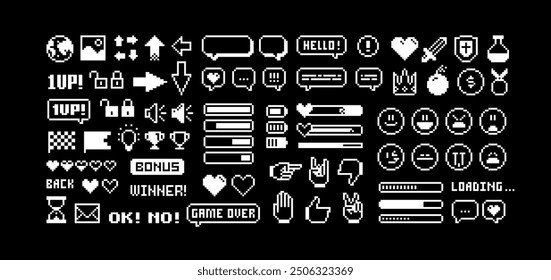 8-bit Game pixel icons set in 80s - 90s style set 2. Perfect pixel icons of game props, chat, download bar, office icons, gestures and cursors. Retro Game loot and awards pixel art. Editable vector