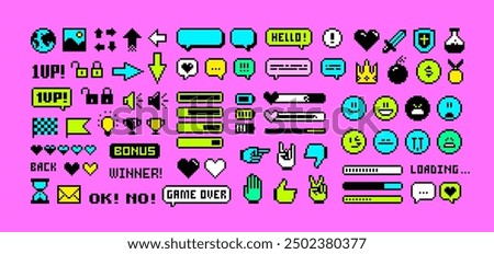 8-bit Game pixel icons set in 80s - 90s style. Perfect pixel icons of game props, download bar, office icons, gestures and cursors. Retro Game loot and awards pixel art. Editable vector