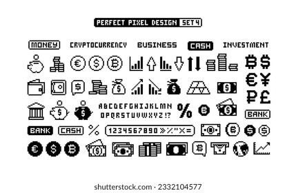 8-Bit Game Stil Pixel Geld und Business-Symbole gesetzt. Pixel Business Icons Set von Kryptowährung, Austausch, Infografiken Pixel Piggy Bank Symbol. Zahlungssymbole im Retro-Videospiel-Stil. Bearbeitbarer Vektor
