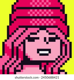 8-bit girl, avatar pixel female character with pink hair, cartoon vector icon, game user or web profile persons and people, social net portrait, young cute girl face, minimalistic fashion, vector