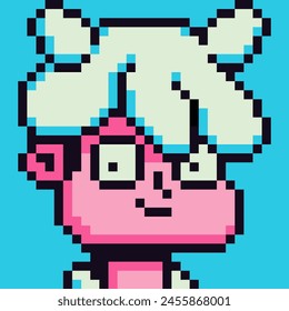 8-bit girl, pixel art woman face, female fashion character,  avatar cartoon vector icon, game user or web profile persons and people,  social net portrait, minimalistic vector background.