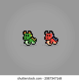 8-bit green and red dragon pixel image. Animals in vector illustrations for assets and game logos.