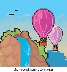 8-bit hot air balloons cartel on mountain