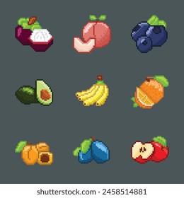 Icono de 8 bits Pixel Art. colección colorida de frutas. Ilustración vectorial.