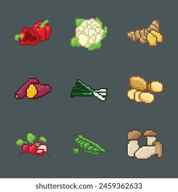 8bit icon Pixel Art. Colorful collection of vegetables. Vector illustration.