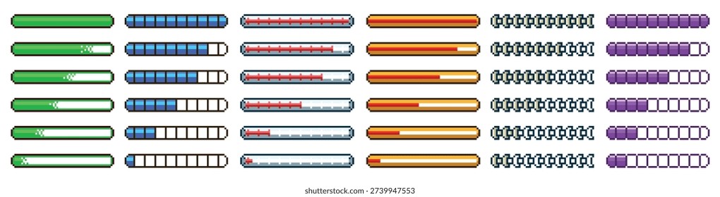 8bit loading progress bar. Retro video game download process indicator, health meter, status level for arcade gaming dashboard. 16bit 80s vintage videogame pixelated UI elements. Vector isolated set.