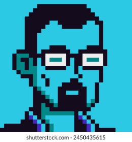 8-bit hombre con barba en gafas, avatar pixel art personaje masculino, icono de Vector de dibujos animados, usuario de juegos o persona de perfil de Web, personas, retrato de la red social, cara de chico joven, moda minimalista, Vector