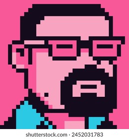 8-bit man with beard in glasses, avatar pixel art male character, cartoon vector icon, game user or web profile person, people, social net portrait, young guy face, minimalistic fashion, vector