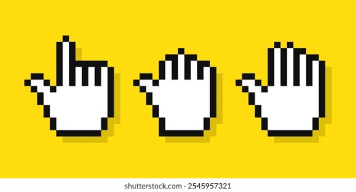 8-bit mouse cursor pointers, pixel pointers cursor hands, computer mouse click.