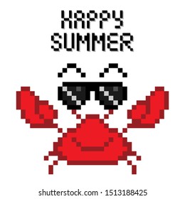 8-bit picture Red Crab showing its Claws with Happy Summer Text pixel art Cartoon Vector