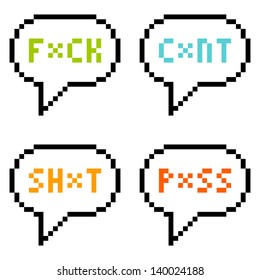 8-bit pixel 4-letter swear words in speech bubbles isolated on white