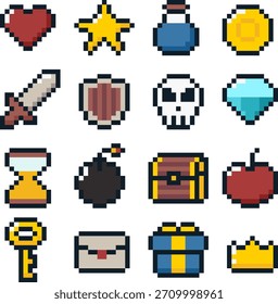 8-bit pixel art 16 RPG juego icono Vector conjunto