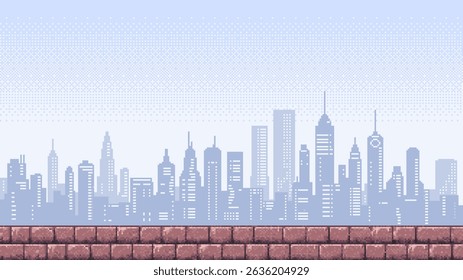 8-bit pixel art, 2D video game. vector background. empty city skyline. old video game aesthetic. video game assets. retro gaming style. 