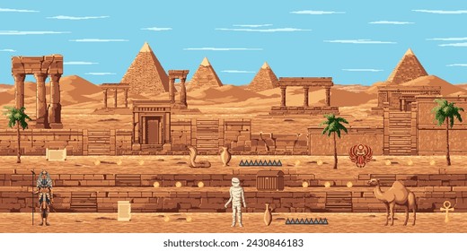 8bit pixel art arcade mapa de nivel de juego con las pirámides de Egipto antiguo y momia, vector de fondo. Palmas y serpiente de cobra, plataformas de escaleras y manuscritos con templos del antiguo Egipto para el juego de arcade de 8 bits