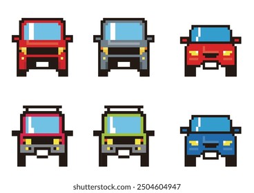 8-bit pixel art de automóviles. Conjunto de ilustración de icono de vehículo de trabajo. Coches de pasajeros. Minivan, coche del SUV, coche de RV