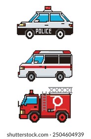 8-bit pixel art of automobiles. Working vehicle icon illustration set. Special vehicles, police cars, fire engines, ambulances.