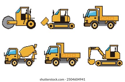 8-bit pixel art of automobiles. Working vehicle icon illustration set. Special vehicles, road rollers, bulldozers, excavators, large dump trucks, concrete mixer trucks.