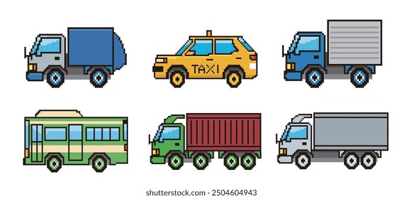 8-bit pixel art of automobiles. Working vehicle icon illustration set. Garbage truck, taxi, bus, truck, trailer.