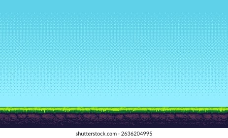 8-bit pixel art background for a video game. 2D platformer. side-scrolling game. simple blue sky with grass at the bottom. vector graphics.