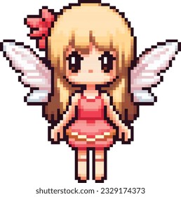 8-bit pixel art of a blond fairy character wearing a pink dress and a flower in her hair