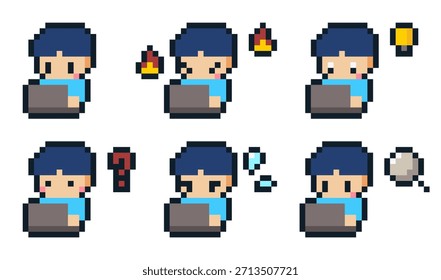 8-bit pixel art azul hombre personaje que utiliza el ordenador portátil conjunto