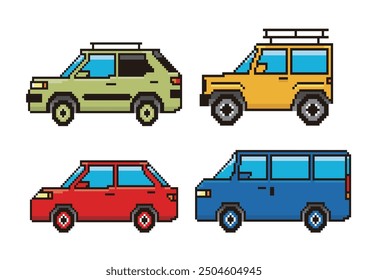 8-bit pixel art of cars SUV, RV, minivan, sedan icon illustration set