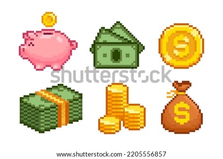 8-bit Pixel Art Cash Money icons set. Pixel Wallet with banknotes and Golden Credit Card. Pixel Piggy Bank. Payment icons in retro video game style. Editable vector
