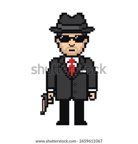 An 8-bit pixel art character of a mobster or hitman wearing a black suit, red tie, fedora, and sunglasses, and holding a gun.