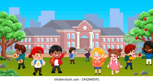 8bit pixel art of children playing in school playground. Boys and girls characters with school building suitable for game