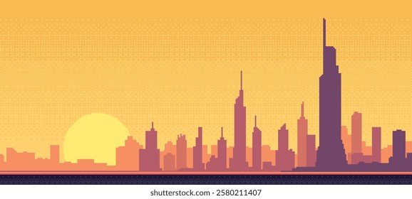 8-bit pixel art city skyline at sunset. Minimalist Design. 2d game design. clean flat vector Illustration. warm tones. simple buildings.