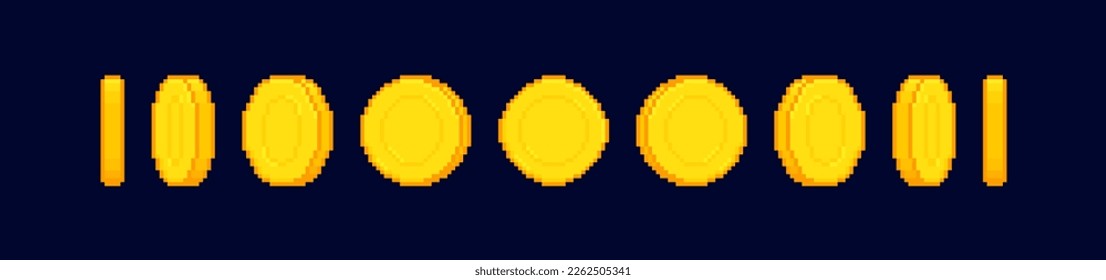 8-bit pixel art coin animation isolated on dark background. Pixel money animated frames. Gold coin design for gameing. Vector illustration.