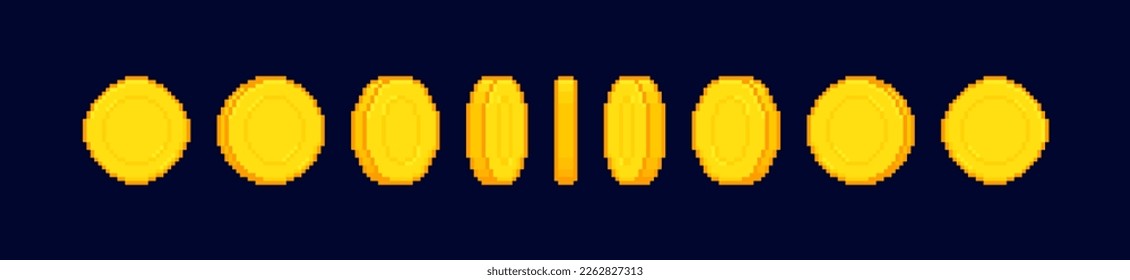 8-bit pixel art coin animation isolated on dark background. Pixel money animated frames. Gold coin design for gameing. Vector illustration.