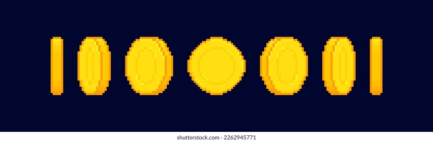 8-bit pixel art coin animation isolated on dark background. Pixel money animated frames. Gold coin design for gameing. Vector illustration.