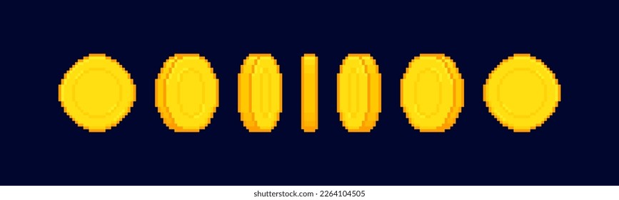 8-bit pixel art coin animation isolated on dark background. Pixel money animated frames. Gold coin design for gameing. Vector illustration.