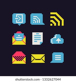8-bit pixel art communication icons set, Speech bubble, envelope and cloud, internet sticker. Design for logo, web, app, badges and patches. Isolated vector illustration.