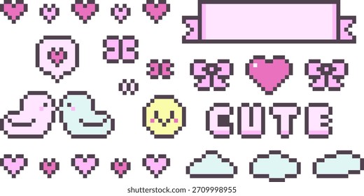 8-bit pixel arte bonito pássaro par ícone rosa estético e texto decoração vetor conjunto
