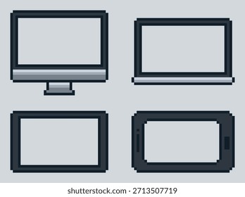 8-bit pixel art gris oscuro simple responsive ordenador, ordenador portátil, tableta y smartphone mockup set