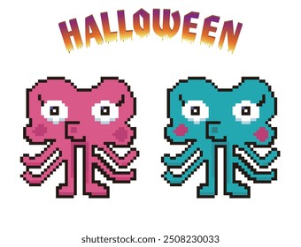 8-bit pixel art deformed alien monster icons and illustrations for Halloween.