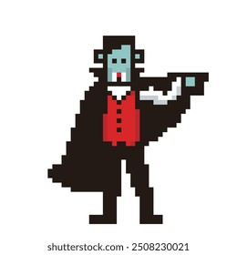 8-bit pixel art, deformado Drácula, ícone monstro, ilustração para Halloween.