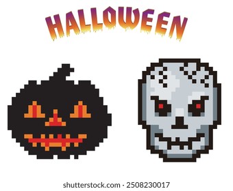 8-bit pixel art, fantasma deformado, esqueleto, ícones monstro, ilustrações para Halloween.