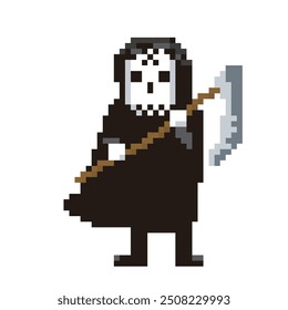 8-bit pixel art, deformed grim reaper, monster icon, illustration for Halloween.