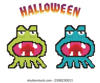 8-bit pixel art, deformed monster icon, illustration for Halloween.