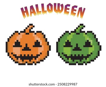 8-bit pixel art, abóbora deformada, ícone monstro, ilustração para Halloween.