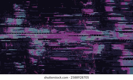 8-bit pixel art digital glitch art background. pixelated neon lines and distorted shapes. cyberpunk pattern. vector illustration. 