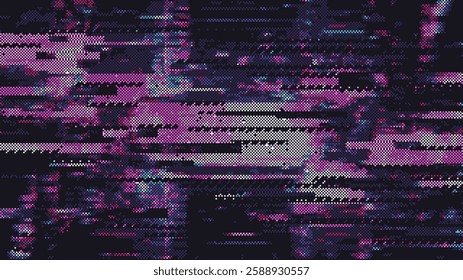8-bit pixel art digital glitch pattern with lines of code and pixelated shapes in purple. cyberpunk glitch texture. vector illustration. 