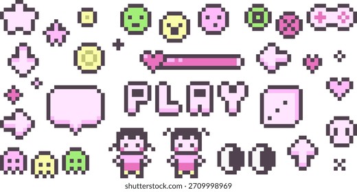 8-bit pixel art game aesthetic pink icon and text decoration vector set