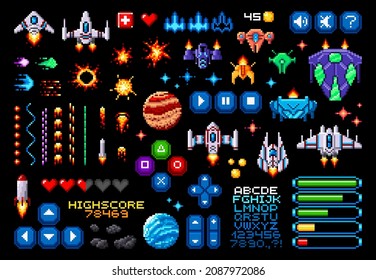 8bit Pixel Art Game Asset Of Space Planets, Rockets And Starcraft, Vector Font And Pixelated Game Buttons. 8 Bit Pixel Game Navigation Buttons, Power Bars, Spaceship And Asteroids, Stars, Explosions