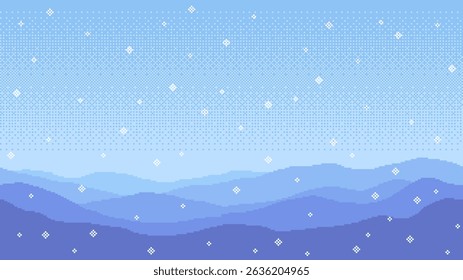 8-bit pixel art game background. pixel snowflakes in the distance. blue hills in the foreground. blue sky and snowy mountains. vector graphics.