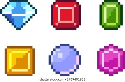 8-bit pixel art game gem icon set